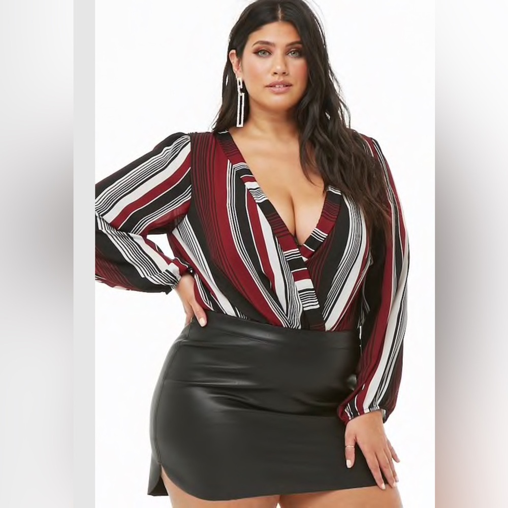 Plus size striped surplice combo bodysuit